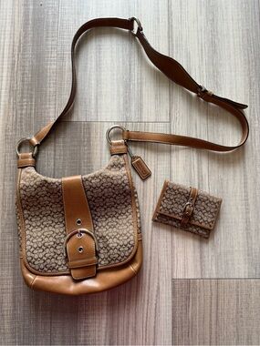 Coach Tan/Brown Signature Canvas Shoulder Bag with Matching Wallet